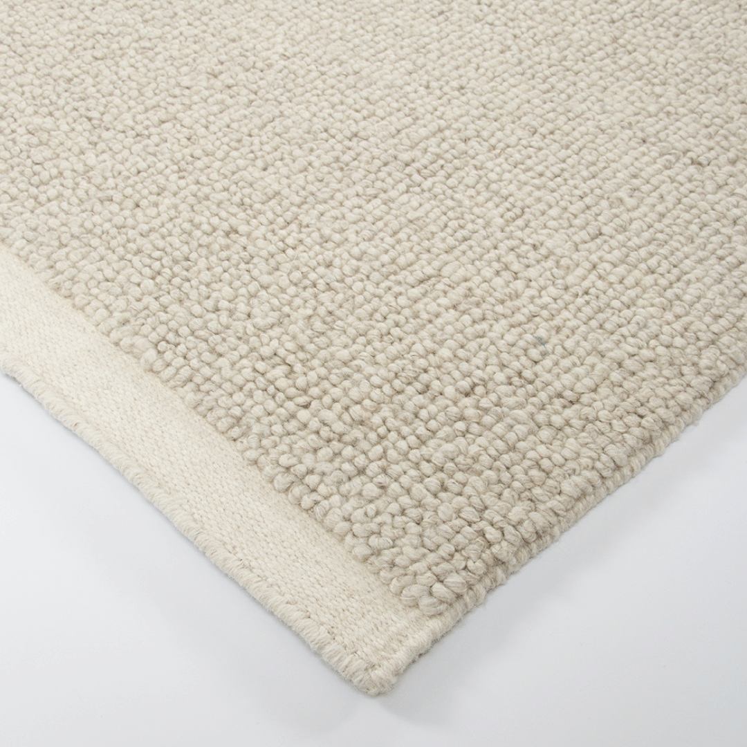 Tapis tissé main en 100 % laine de Nouvelle-Zélande raffinée avec bordure en coton couleur Os pour salon