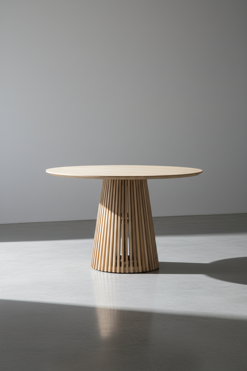 Table à manger ronde en teck massif naturel avec piédestal à lattes pour salle à manger