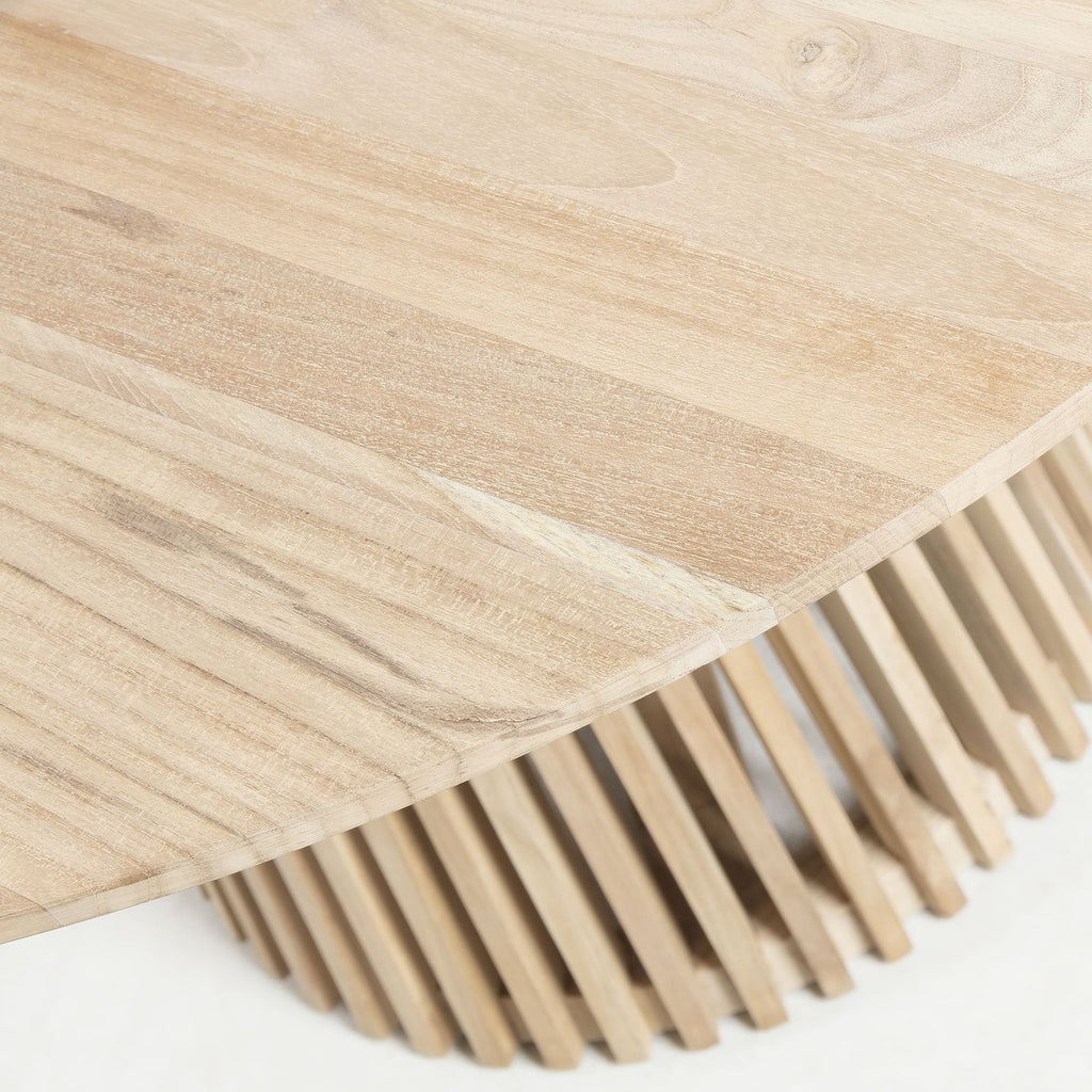 Table à manger ronde en teck massif naturel avec piédestal à lattes pour salle à manger
