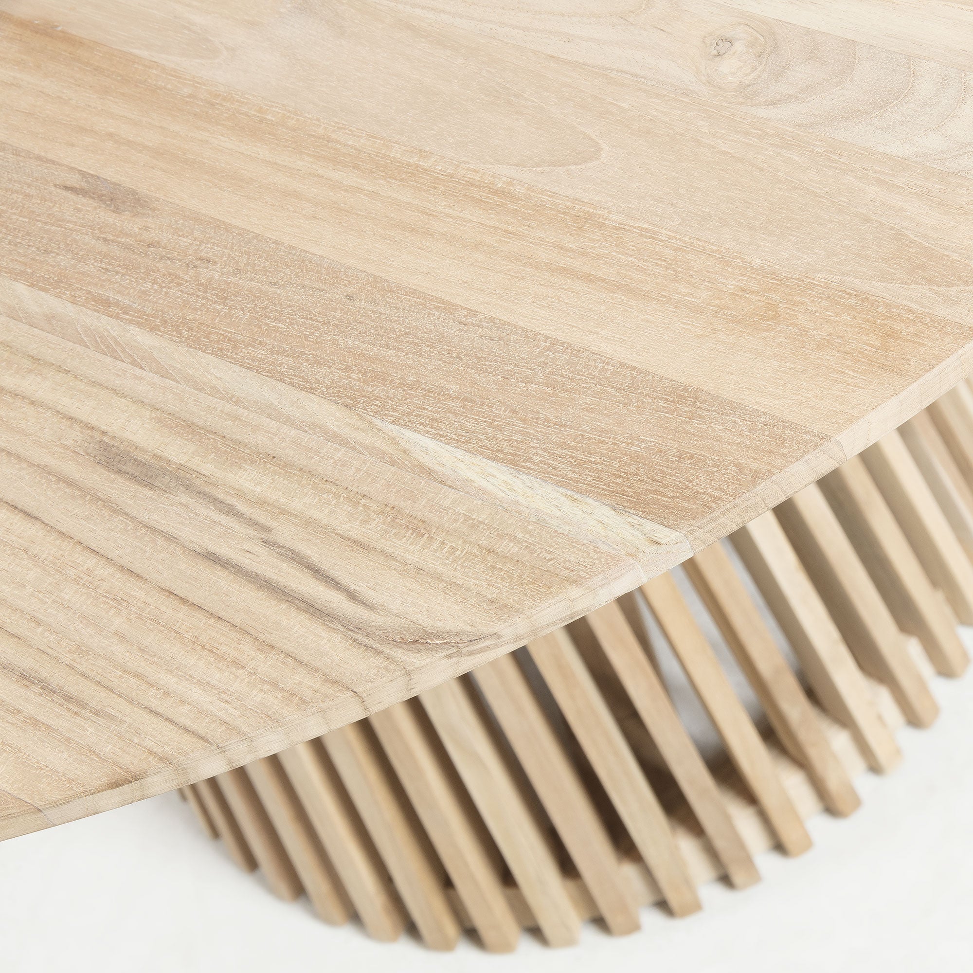 Table à manger ronde en teck massif naturel avec piédestal à lattes pour salle à manger