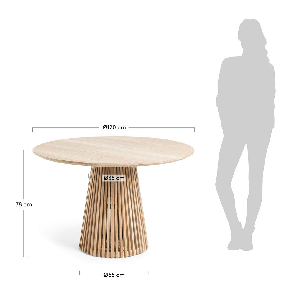 Table à manger ronde en teck massif naturel avec piédestal à lattes pour salle à manger