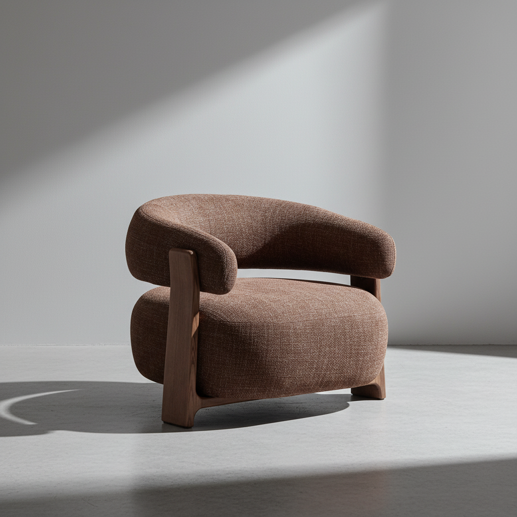 Fauteuil en polyester recyclé moderne avec pieds en bois de noyer pour salon