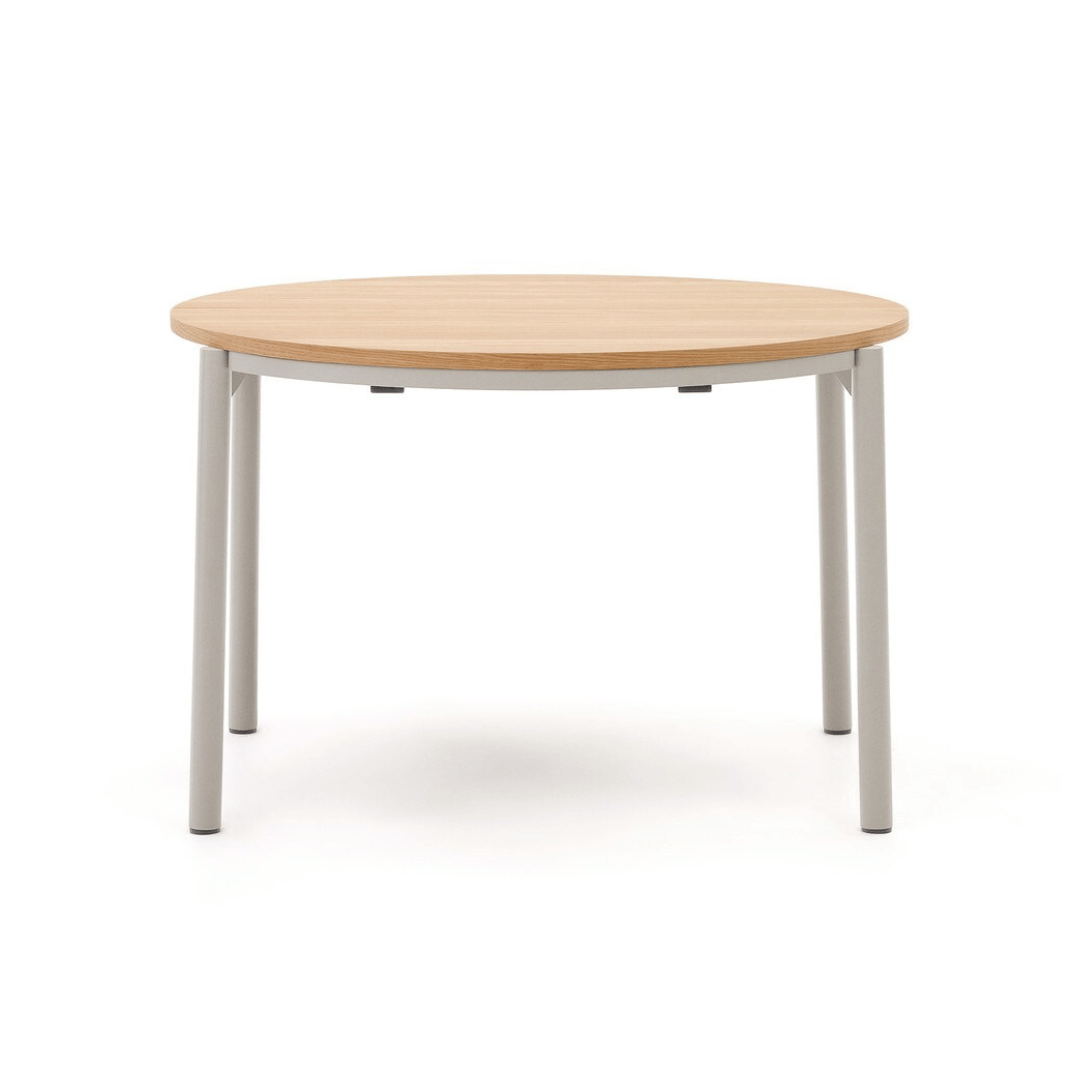 Table à manger ronde extensible en placage de chêne contemporain avec mécanisme d'ouverture facile pour salle à manger