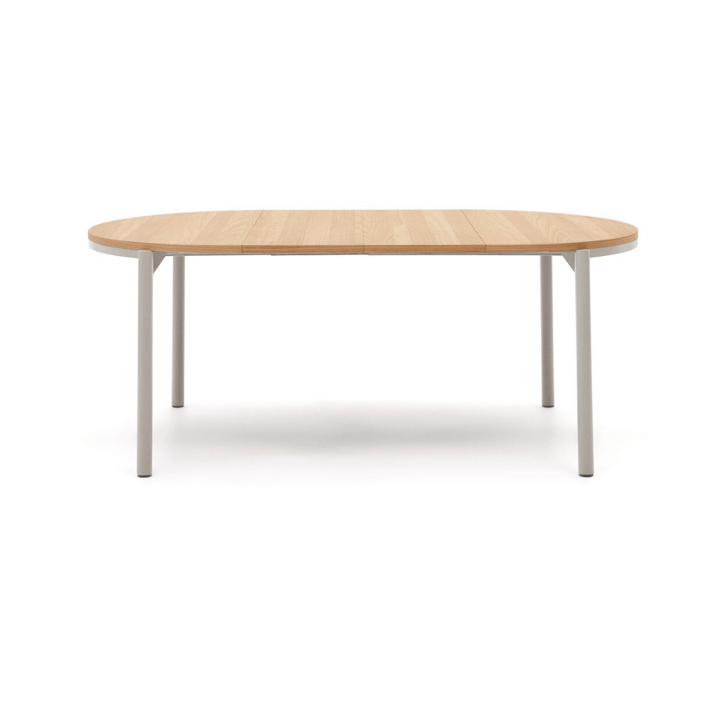 Table à manger ronde extensible en placage de chêne contemporain avec mécanisme d'ouverture facile pour salle à manger