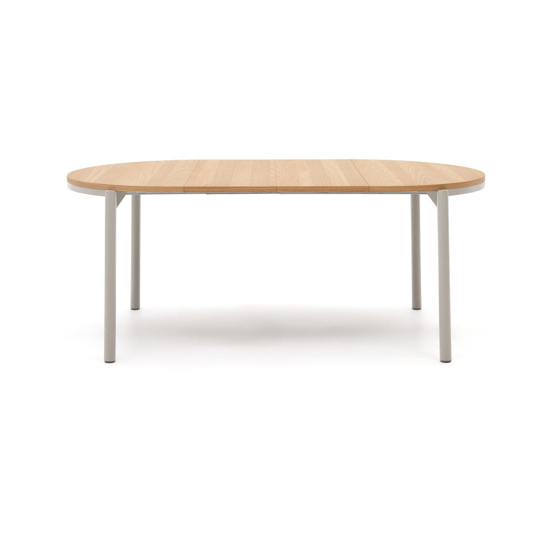 Table à manger ronde extensible en placage de chêne contemporain avec mécanisme d'ouverture facile pour salle à manger