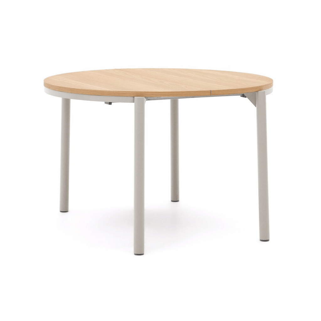 Table à manger ronde extensible en placage de chêne contemporain avec mécanisme d'ouverture facile pour salle à manger