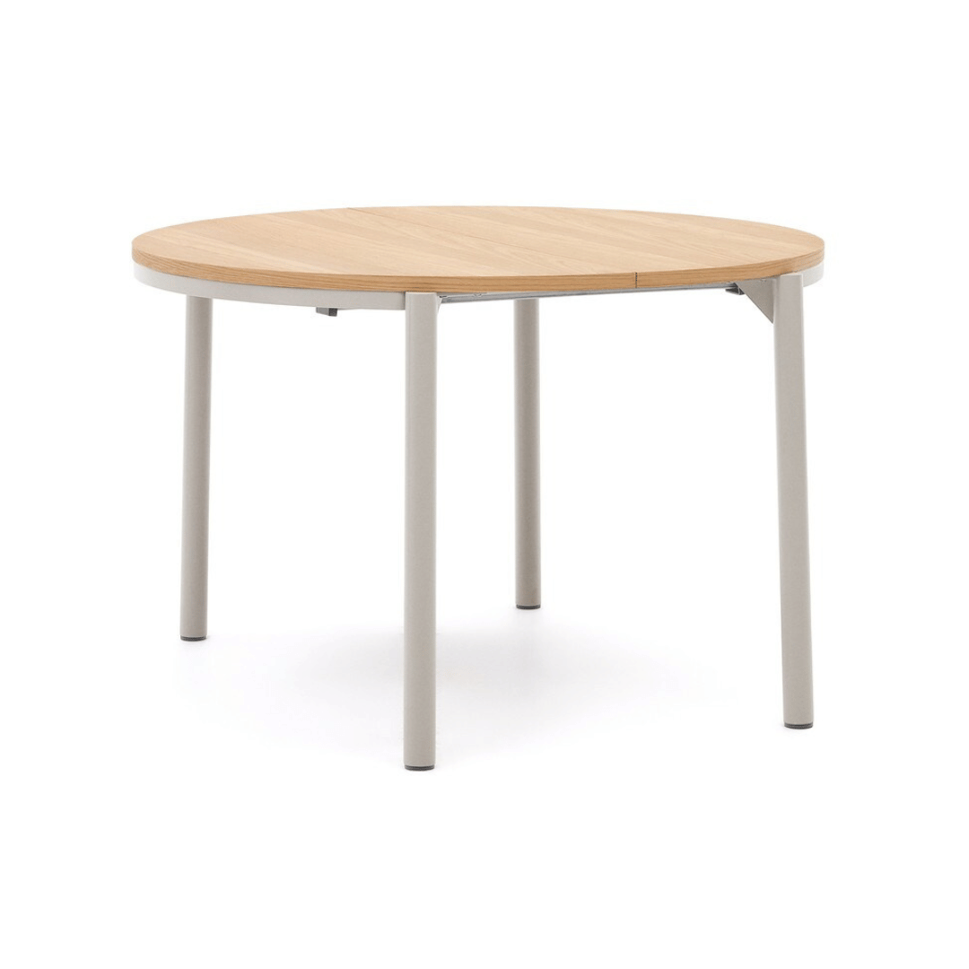 Table à manger ronde extensible en placage de chêne contemporain avec mécanisme d'ouverture facile pour salle à manger