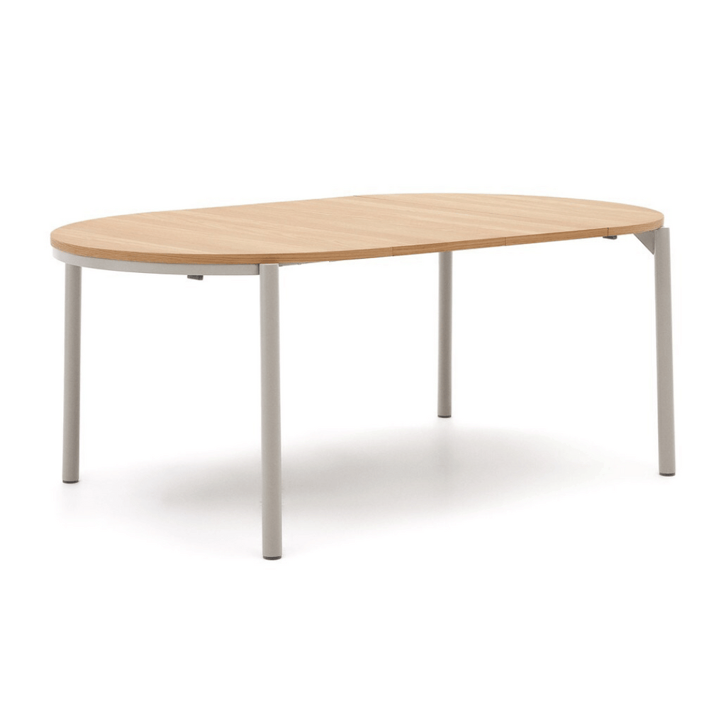 Table à manger ronde extensible en placage de chêne contemporain avec mécanisme d'ouverture facile pour salle à manger