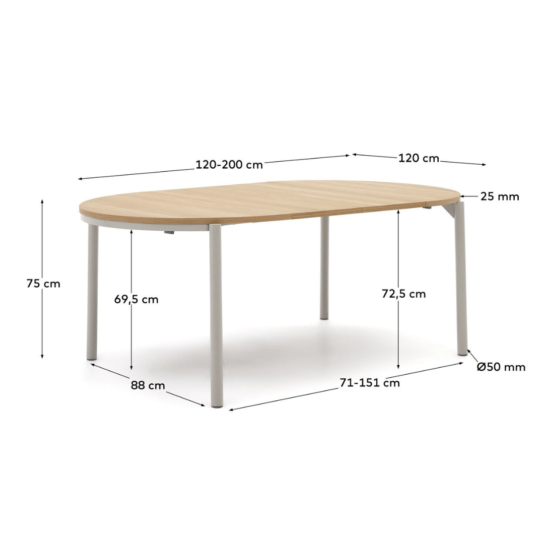 Table à manger ronde extensible en placage de chêne contemporain avec mécanisme d'ouverture facile pour salle à manger