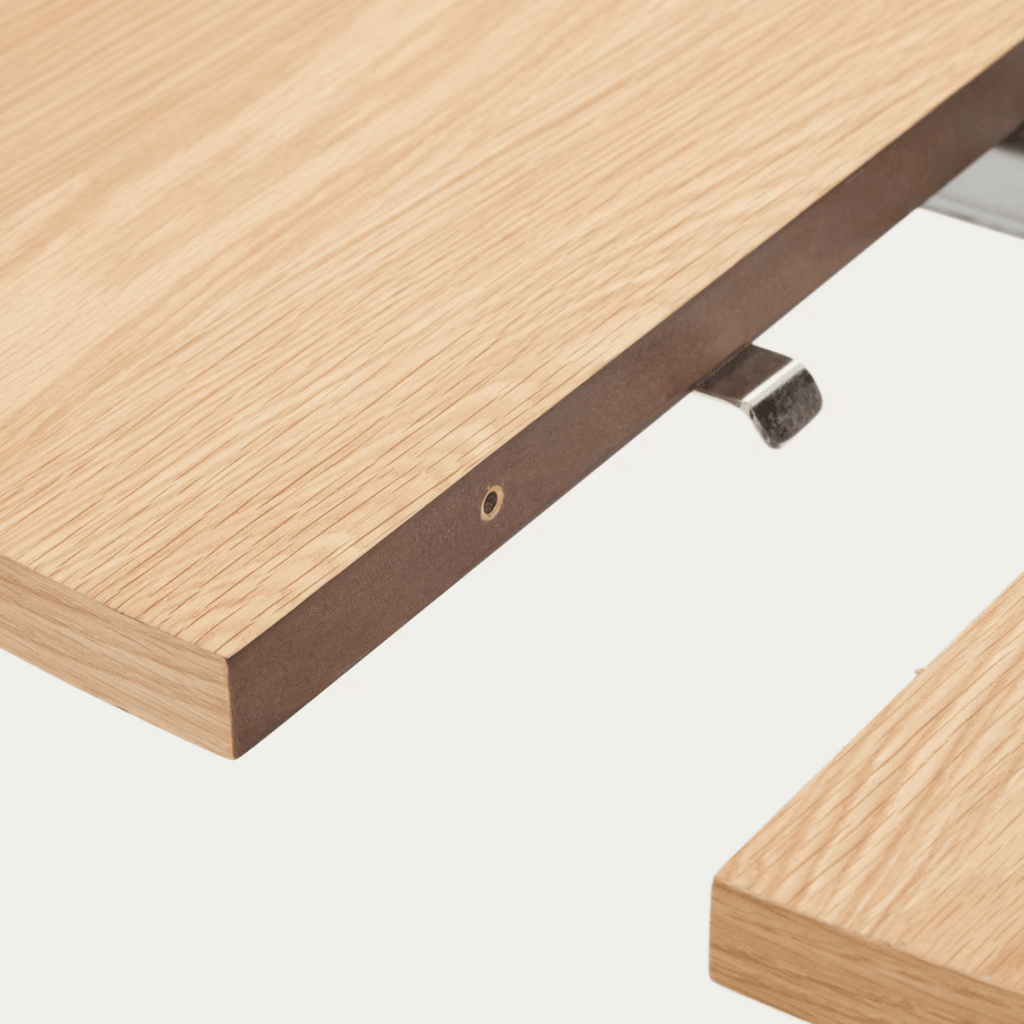 Table à manger ronde extensible en placage de chêne contemporain avec mécanisme d'ouverture facile pour salle à manger