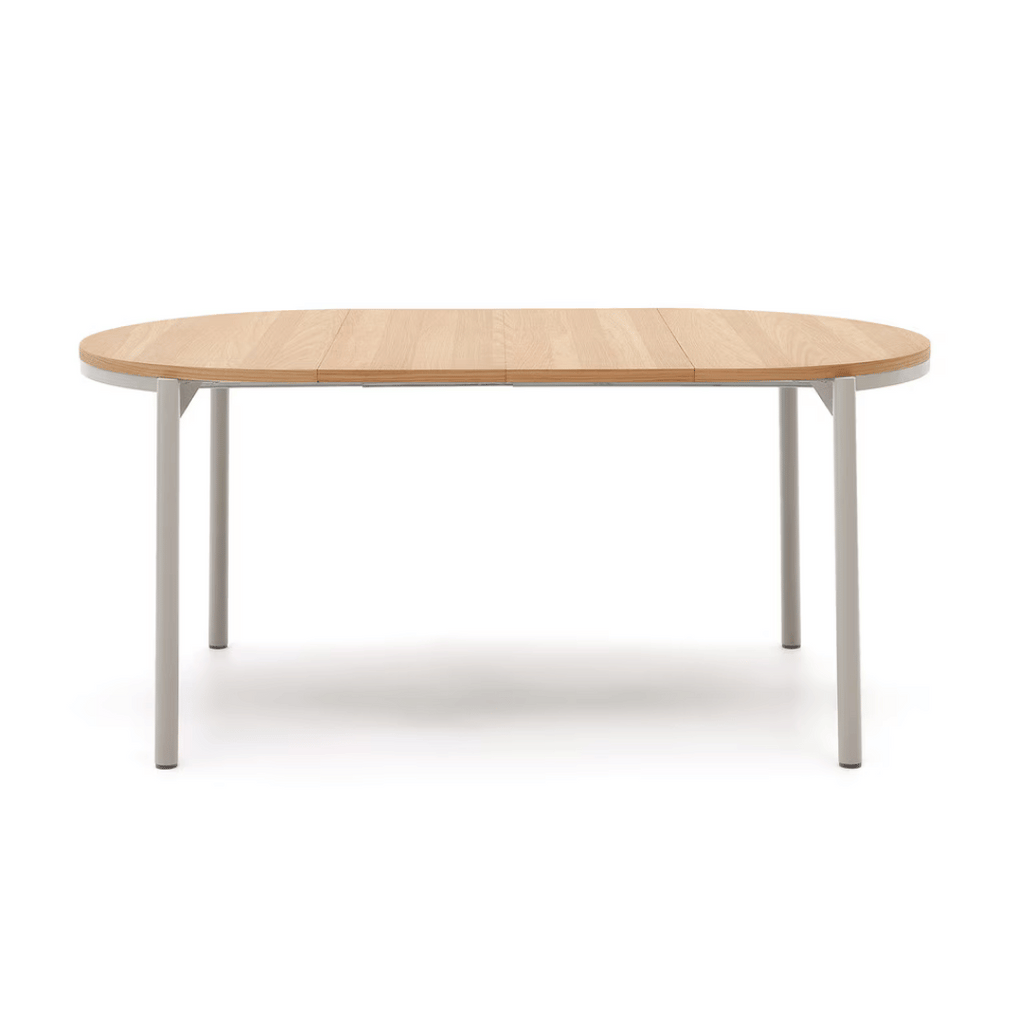 Table à manger ronde extensible en placage de chêne contemporain avec mécanisme d'ouverture facile pour salle à manger