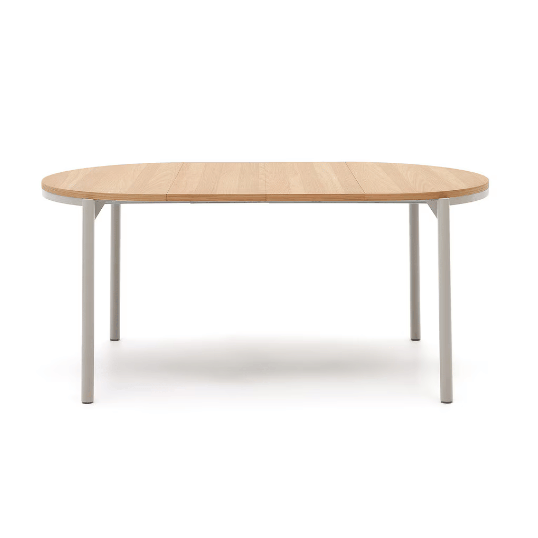 Table à manger ronde extensible en placage de chêne contemporain avec mécanisme d'ouverture facile pour salle à manger