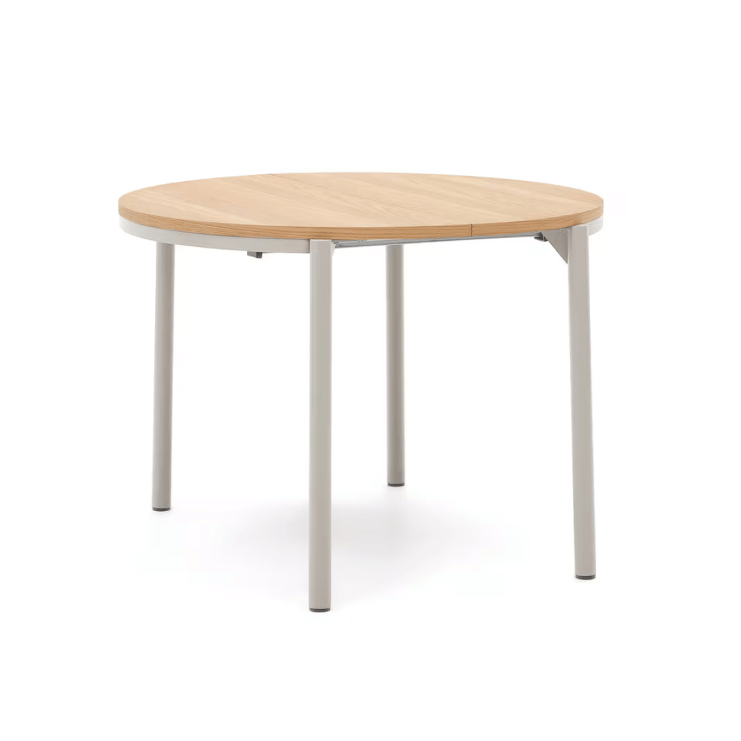 Table à manger ronde extensible en placage de chêne contemporain avec mécanisme d'ouverture facile pour salle à manger