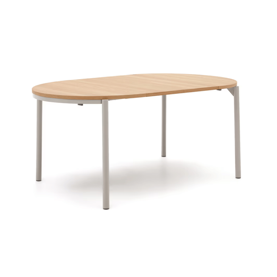 Table à manger ronde extensible en placage de chêne contemporain avec mécanisme d'ouverture facile pour salle à manger