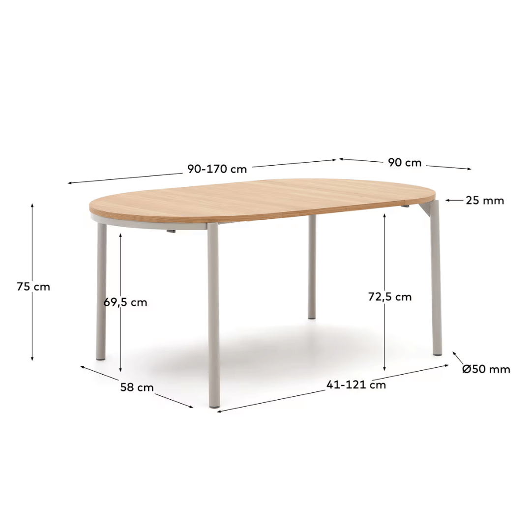 Table à manger ronde extensible en placage de chêne contemporain avec mécanisme d'ouverture facile pour salle à manger