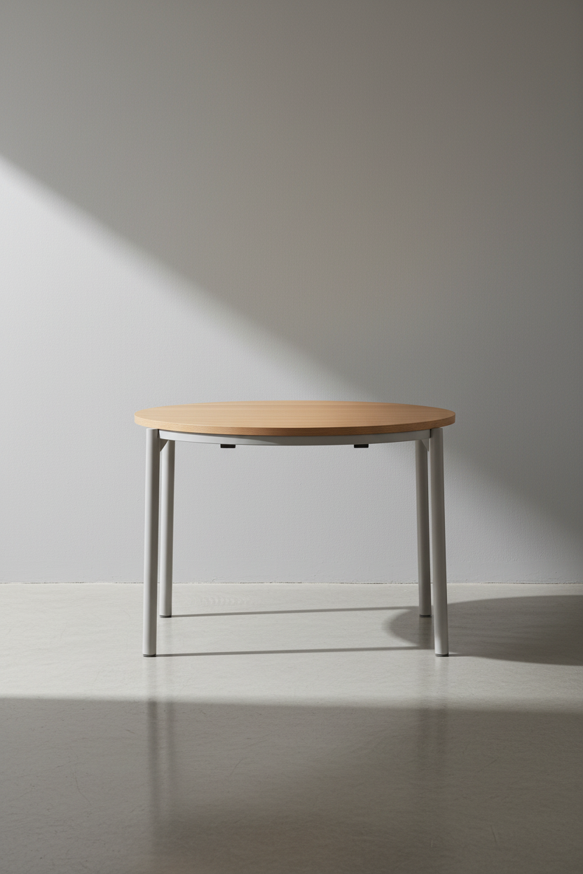 Table à manger ronde extensible en placage de chêne contemporain avec mécanisme d'ouverture facile pour salle à manger