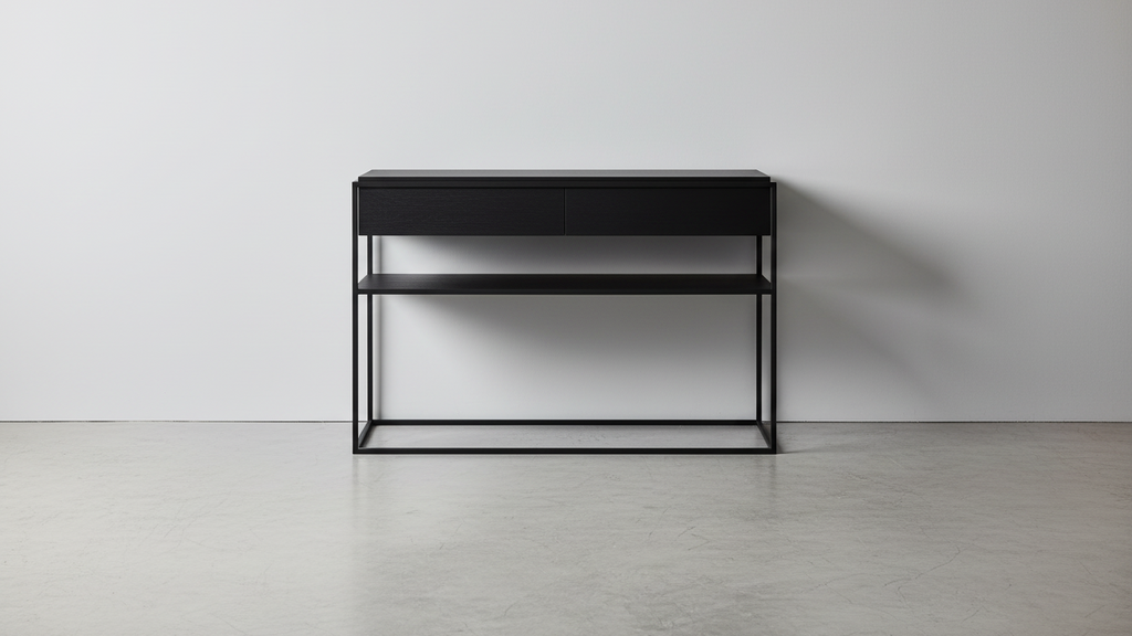 Console en chêne teinté noir contemporaine avec deux tiroirs et piètement en métal pour salon