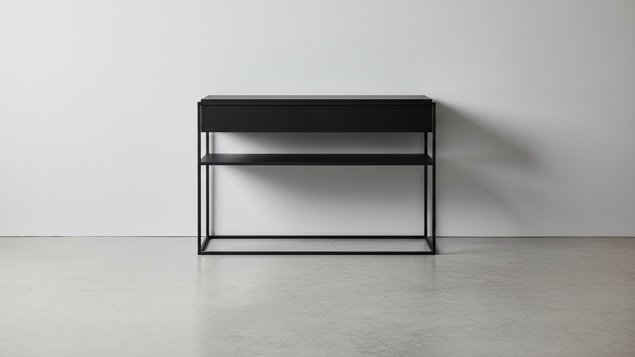 Console en chêne teinté noir contemporaine avec deux tiroirs et piètement en métal pour salon