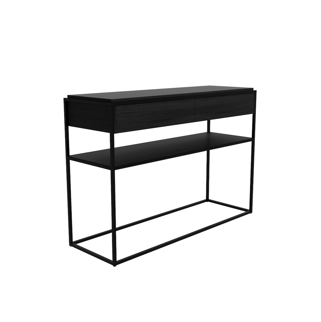 Console en chêne teinté noir contemporaine avec deux tiroirs et piètement en métal pour salon