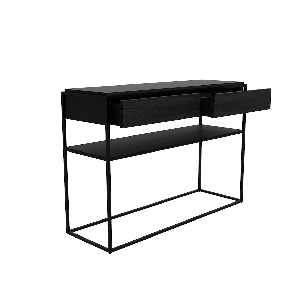 Console en chêne teinté noir contemporaine avec deux tiroirs et piètement en métal pour salon