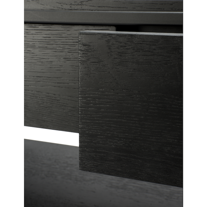 Console en chêne teinté noir contemporaine avec deux tiroirs et piètement en métal pour salon