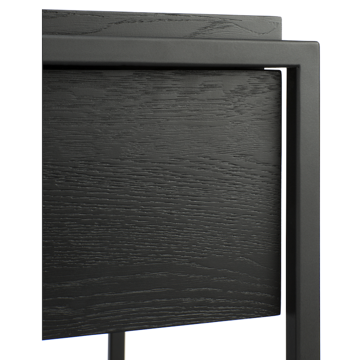 Console en chêne teinté noir contemporaine avec deux tiroirs et piètement en métal pour salon
