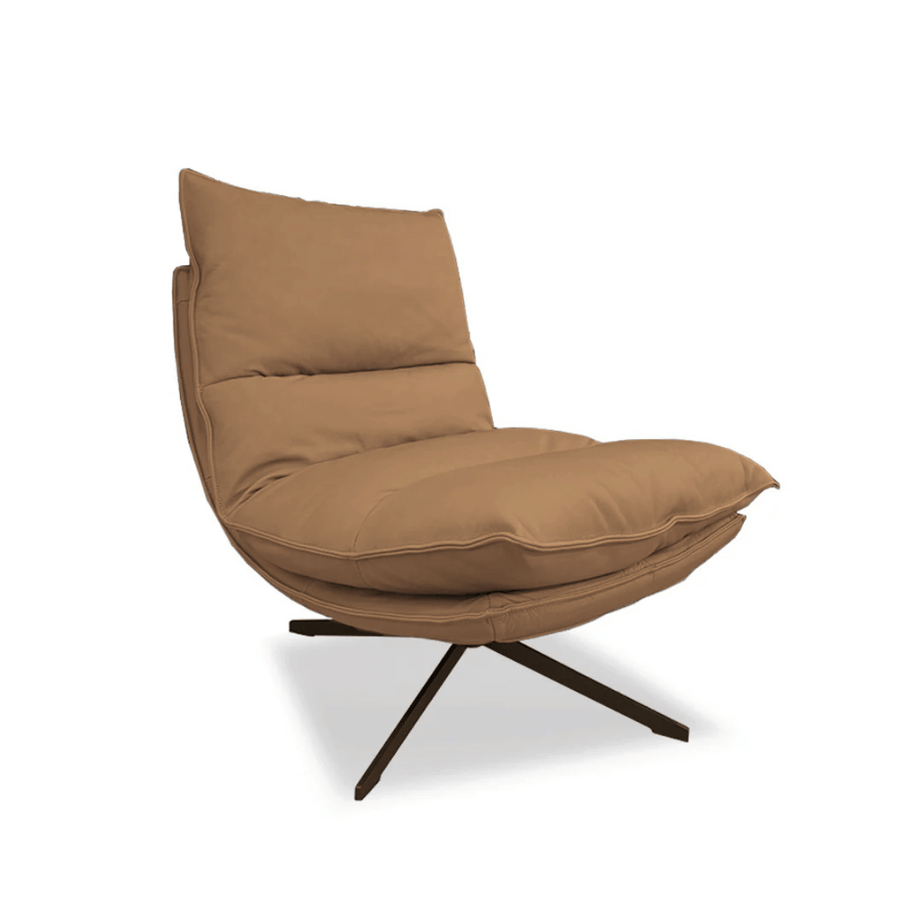 Fauteuil pivotant moderne en cuir pleine fleur avec base métallique rotative à 360° pour salon