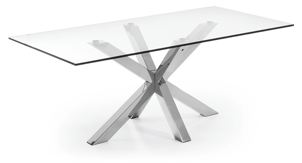 Table à manger rectangulaire contemporaine en MDF et verre trempé avec pieds en étoile en métal pour salle à manger