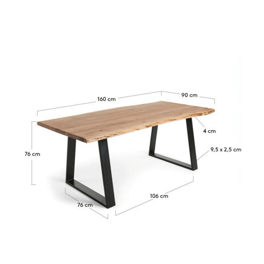 Table de salle à manger rustique en acacia massif à bords bruts avec pieds en acier peint