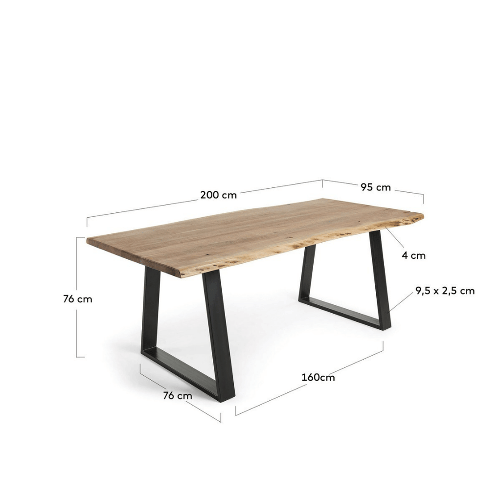 Table de salle à manger rustique en acacia massif à bords bruts avec pieds en acier peint
