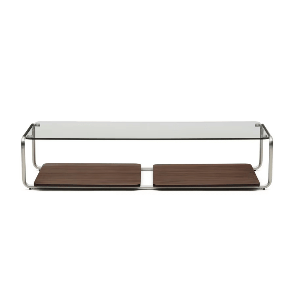 Table basse en verre trempé et placage de noyer du milieu du siècle avec panneau coulissant pour salon