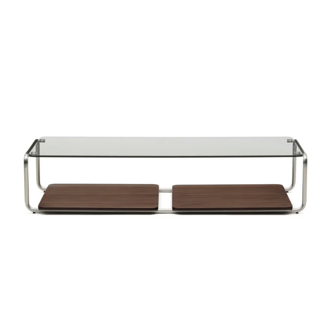 Table basse en verre trempé et placage de noyer du milieu du siècle avec panneau coulissant pour salon