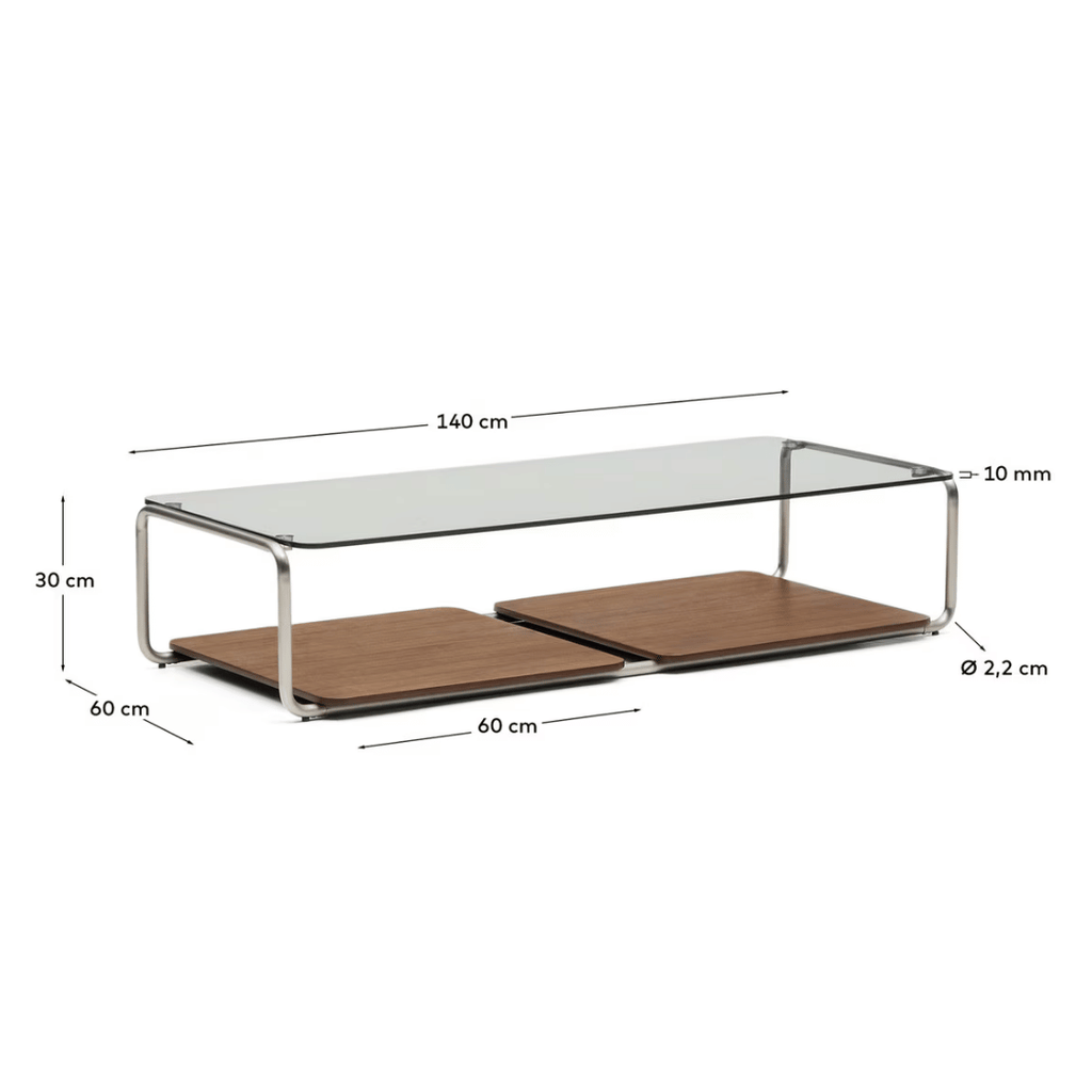 Table basse en verre trempé et placage de noyer du milieu du siècle avec panneau coulissant pour salon
