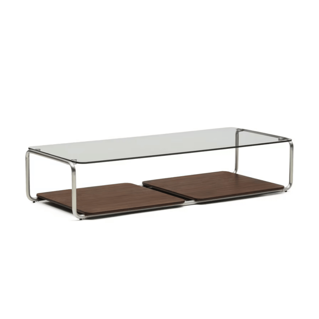 Table basse en verre trempé et placage de noyer du milieu du siècle avec panneau coulissant pour salon