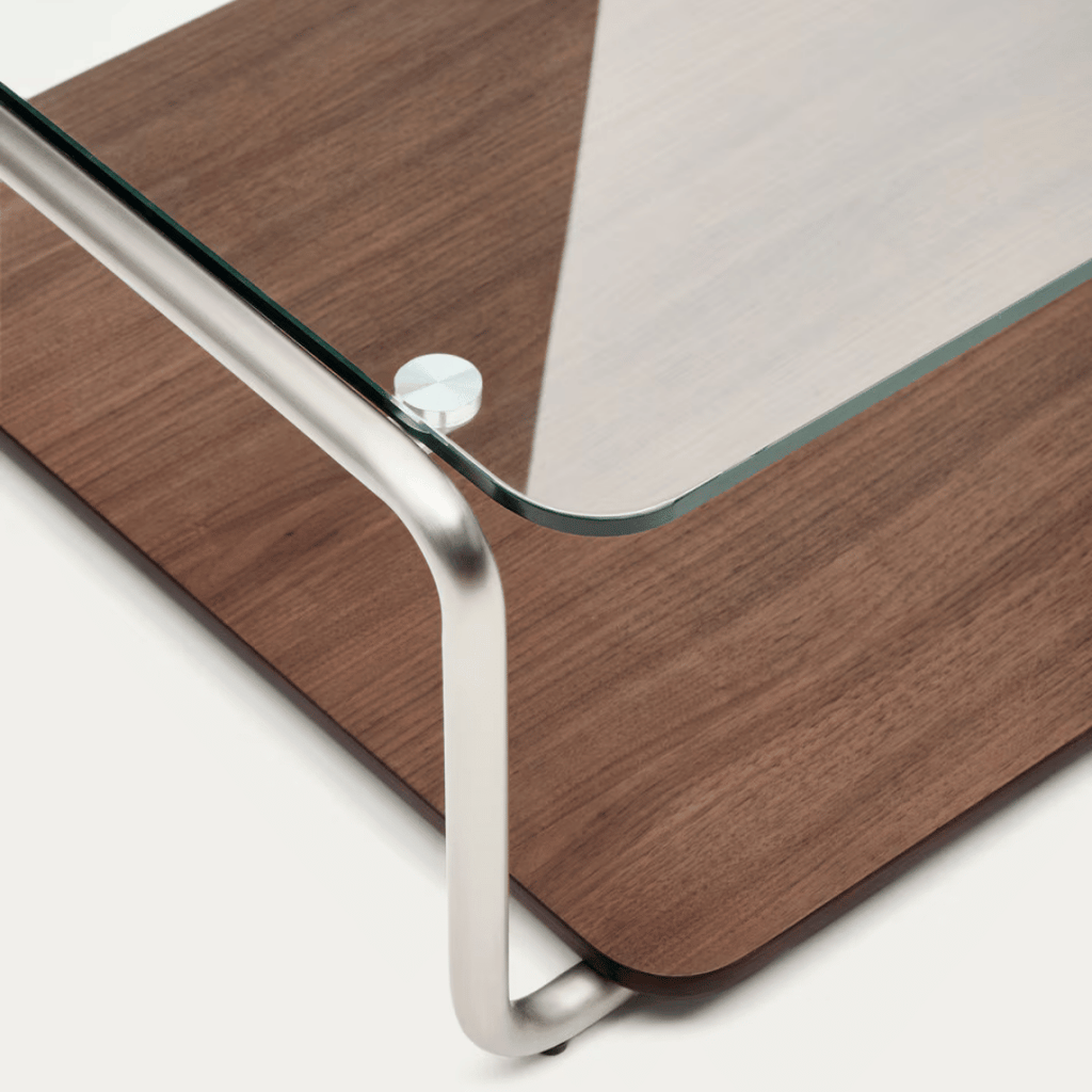 Table basse en verre trempé et placage de noyer du milieu du siècle avec panneau coulissant pour salon