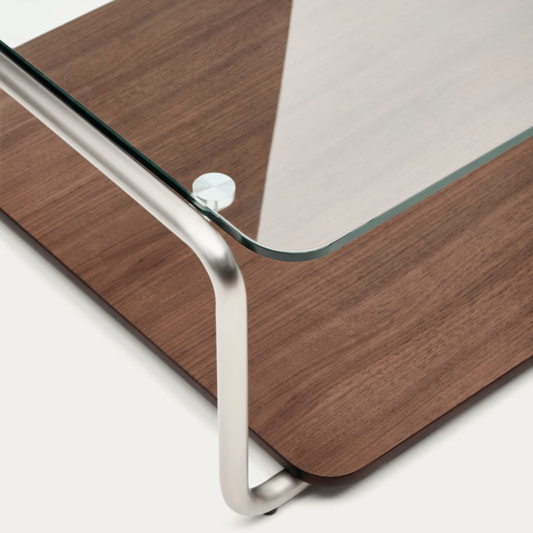 Table basse en verre trempé et placage de noyer du milieu du siècle avec panneau coulissant pour salon