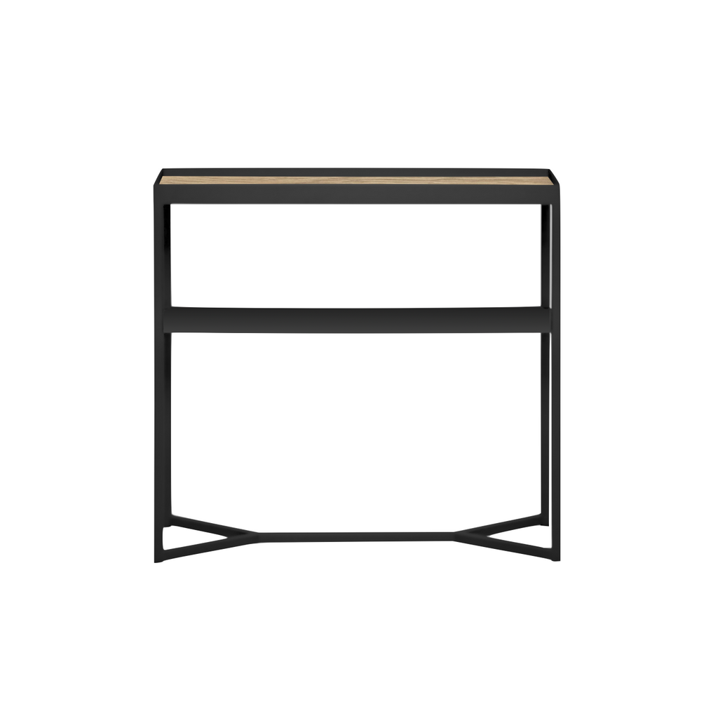 Console étroite en stratifié de bois industriel avec pieds en queue de poisson et étagère de rangement pour couloir