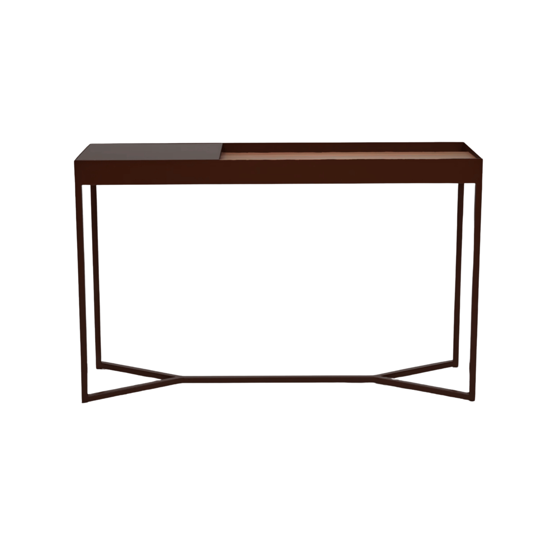 Console de rangement moderne en stratifié imitation bois avec compartiment caché à couvercle rabattable pour couloir