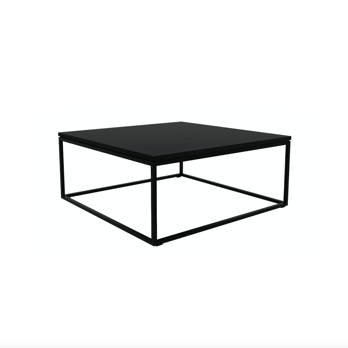 Table basse contemporaine en chêne massif avec base en métal thermolaqué noir mat pour salon