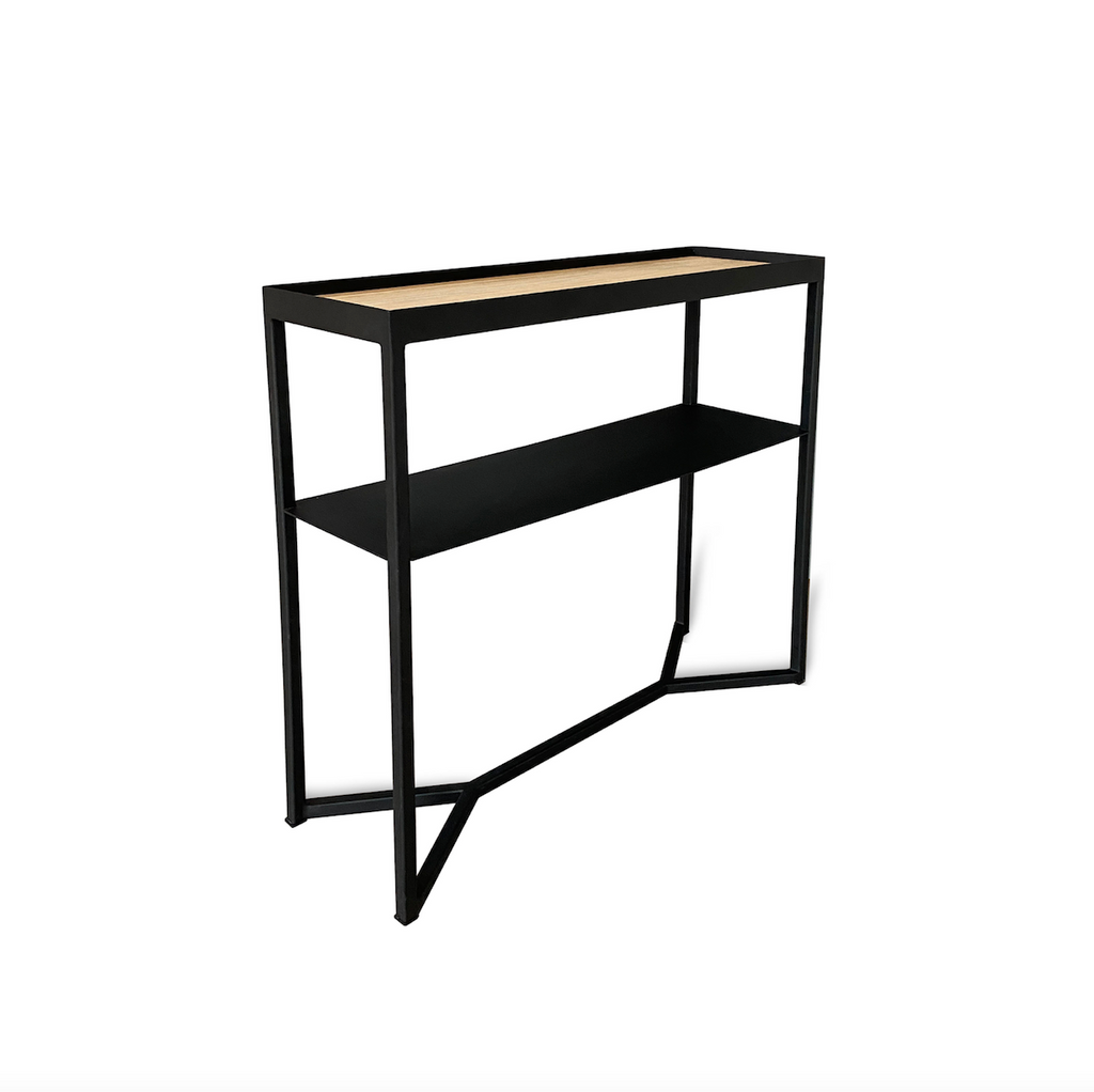Console étroite en stratifié de bois industriel avec pieds en queue de poisson et étagère de rangement pour couloir