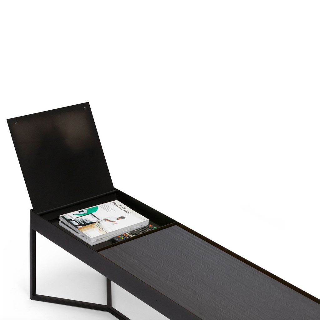 Table basse moderne en stratifié imitation bois avec rangement et compartiment dissimulé à couvercle rabattable pour salon