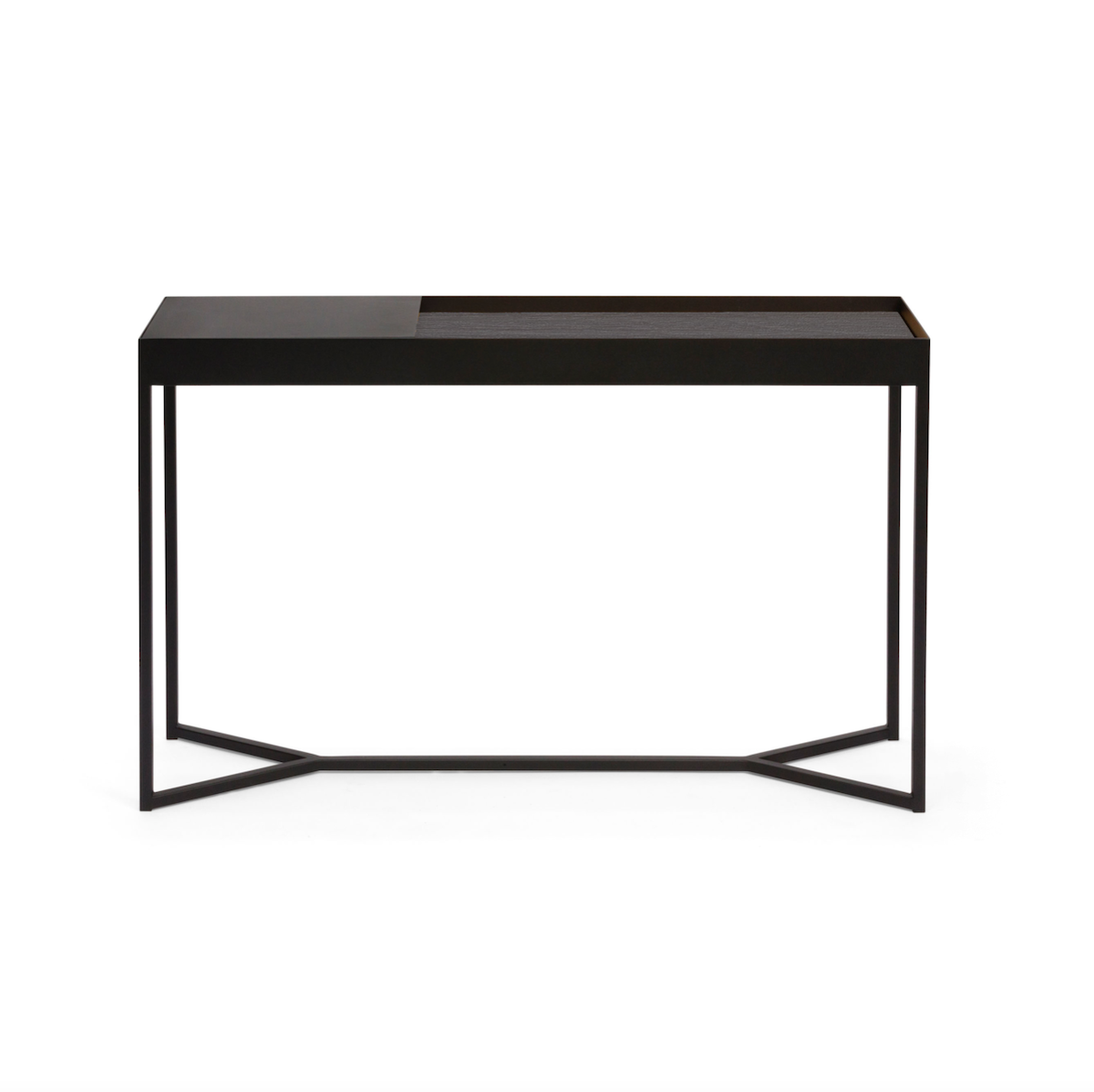 Console de rangement moderne en stratifié imitation bois avec compartiment caché à couvercle rabattable pour couloir