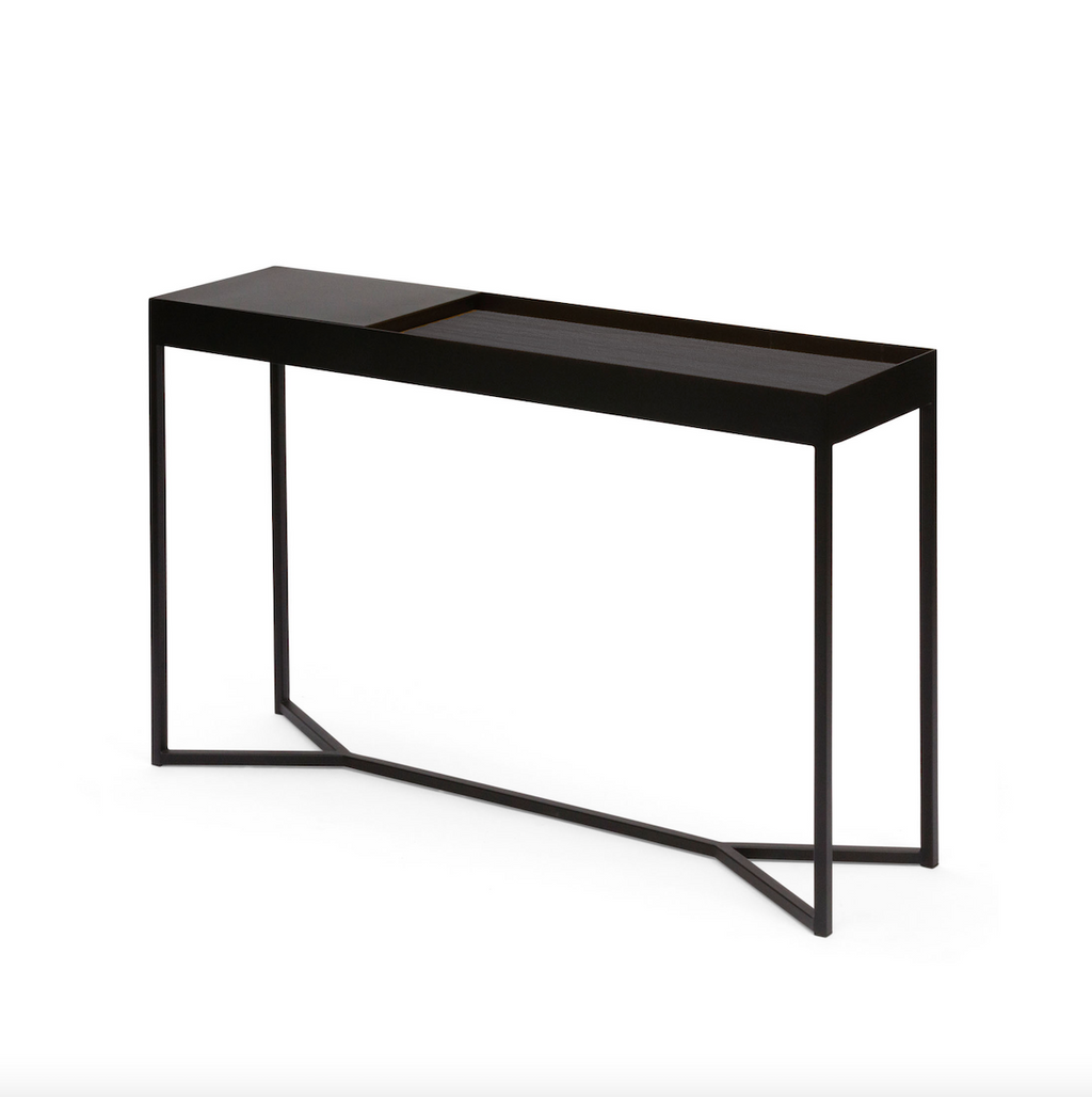 Console de rangement moderne en stratifié imitation bois avec compartiment caché à couvercle rabattable pour couloir