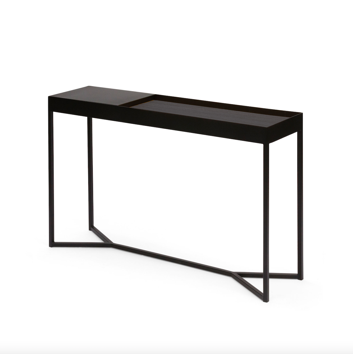 Console de rangement moderne en stratifié imitation bois avec compartiment caché à couvercle rabattable pour couloir