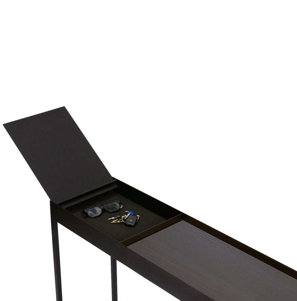 Console de rangement moderne en stratifié imitation bois avec compartiment caché à couvercle rabattable pour couloir