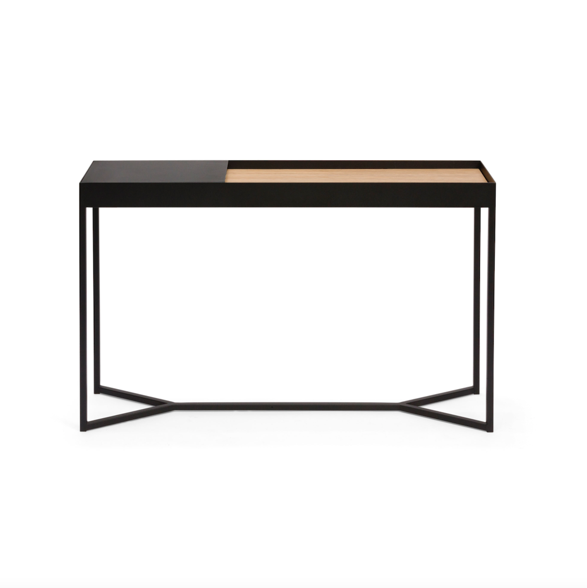 Console de rangement moderne en stratifié imitation bois avec compartiment caché à couvercle rabattable pour couloir