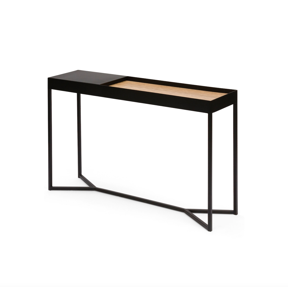Console de rangement moderne en stratifié imitation bois avec compartiment caché à couvercle rabattable pour couloir