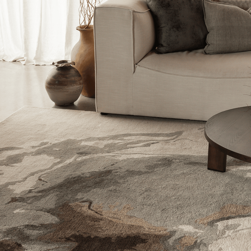 Tapis tufté à la main en laine et viscose, aux tons naturels inspirés du paysage pour le salon
