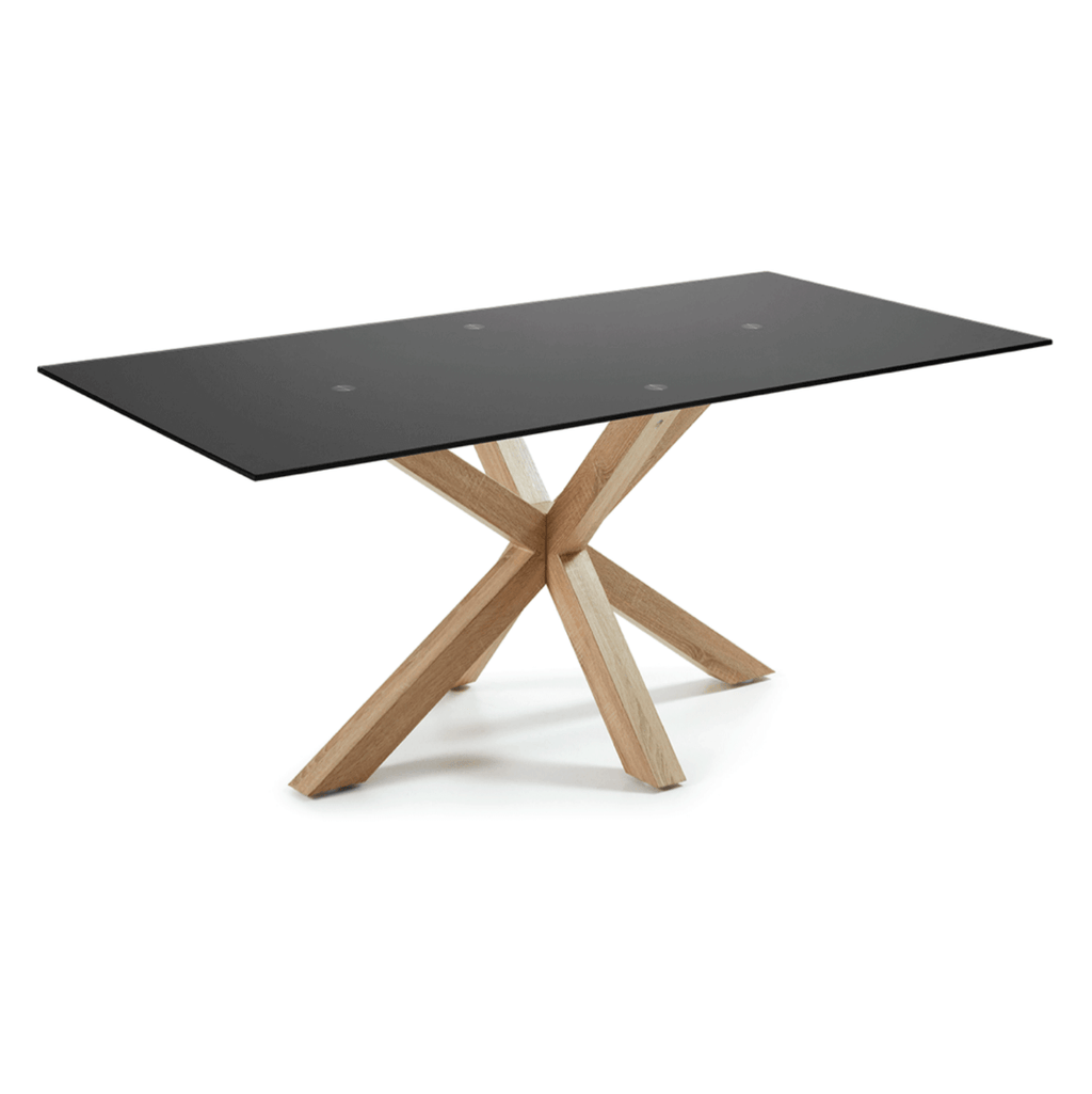 Table à manger rectangulaire moderne en MDF et verre trempé avec pieds étoile personnalisables pour salle à manger