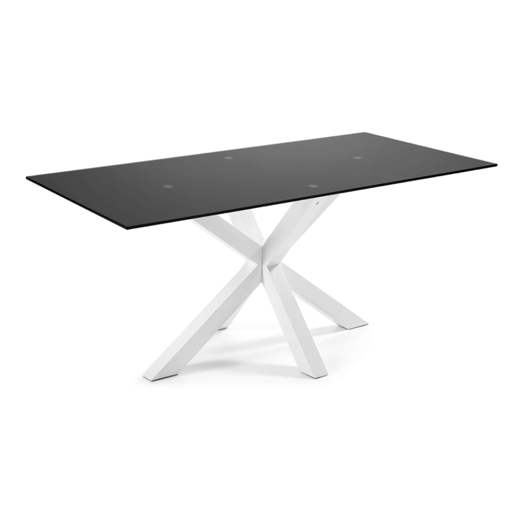 Table à manger rectangulaire moderne en MDF et verre trempé avec pieds étoile personnalisables pour salle à manger